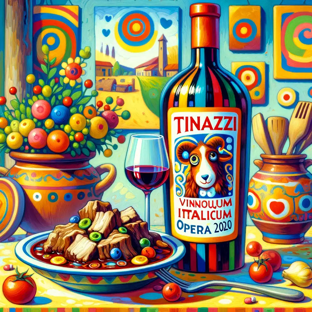 Bottle of Tinazzi Vinum Italicum No. 3 Opera 2020 next to a plate of lamb stew.