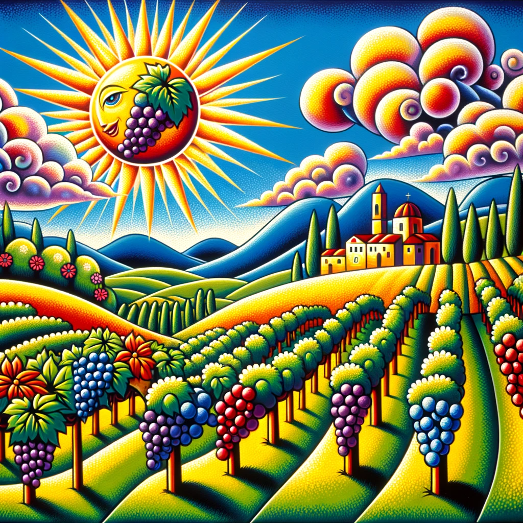 A naive painting capturing a panoramic view of lush Fiano di Avellino vineyards, with the hills of Campania in the background.