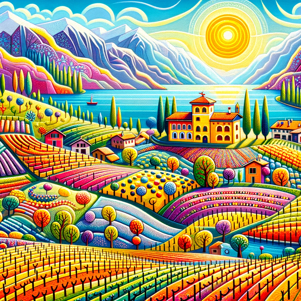 A naive painting showing the Lugana vineyards at sunset, with the Zenato winery emerging from the winter landscape.
