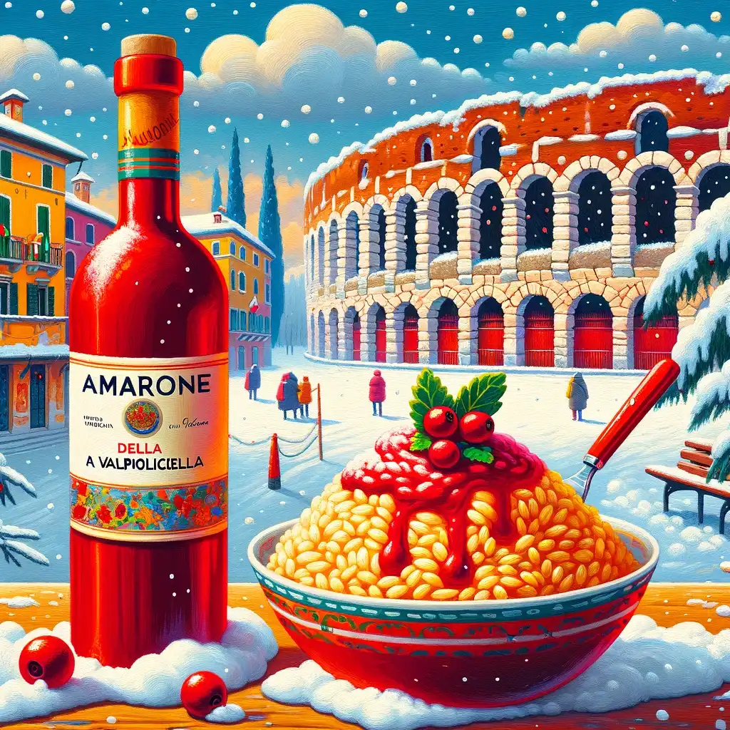 Bottle of Amarone della Valpolicella with a plate of Amarone risotto in a Veronese winter atmosphere.