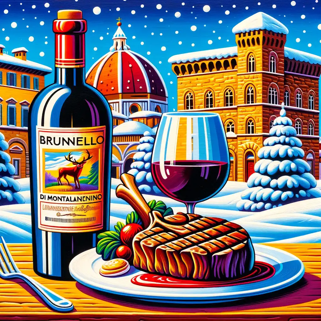 Bottle of Brunello di Montalcino with a plate of Florentine steak in a Tuscan winter atmosphere.
