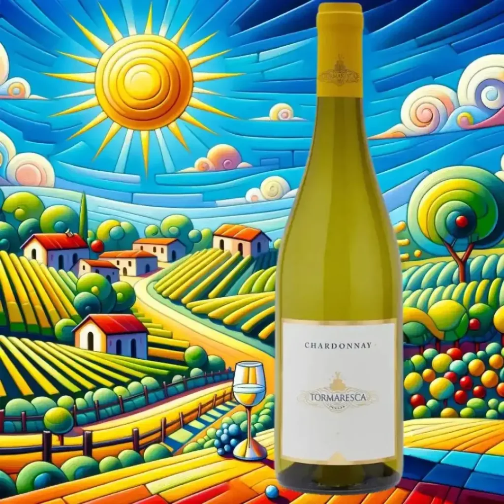 Vineyard at sunset, symbol of the Antinori winery, with a bottle of Antinori Chardonnay 2022 Puglia IGT in the foreground, representing the excellence and tradition of Italian winemaking.